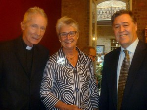 The Rev. William F. Maestri, author and Director of the Bishop Perry Center, a cultural center for downtown New Orleans neighborhoods and mission for the disadvantaged, a partner in BIG READ, 2014. Father Maestri is shown with author and long-time Faulkner Society patron Carol Allen, President of Vieux Carre Property Owners and Associates, and author and journalist Jason Berry.