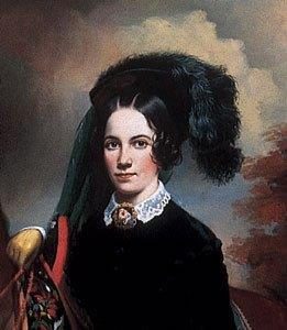 A painting of a woman in black with a feathered hat.